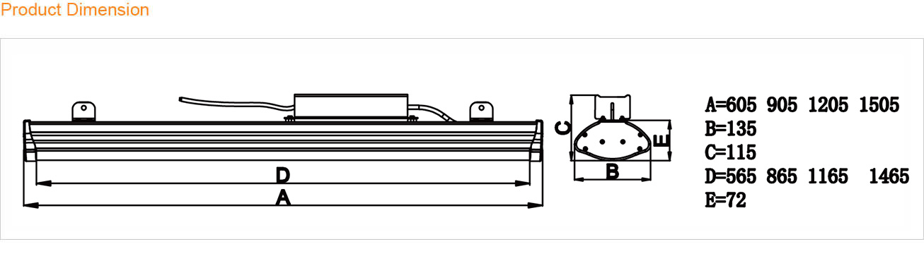 Product Dimension - Tomline & Cleanline Linear High Bay