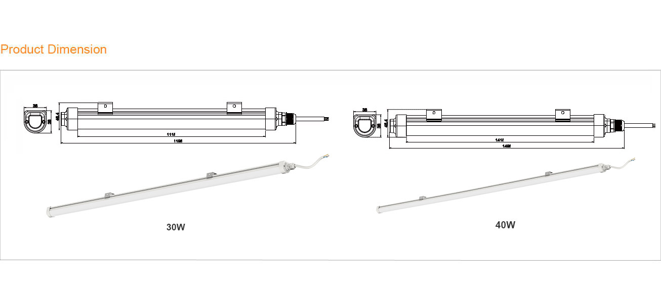 Product Dimension - E-Slim Non-Corrosive Vapor Tight Fixture