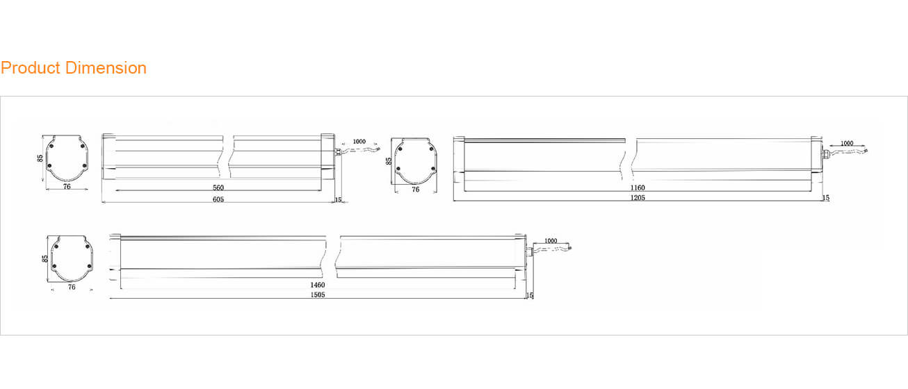 Product Dimension - E-Wind Non-corrosive/Vapor Tight Fixture