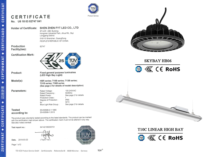 FYTLED’s 2 more high bay products newly-added on the ENEC list