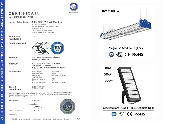 FYTLED’s 2 more high bay products newly-added on the ENEC list